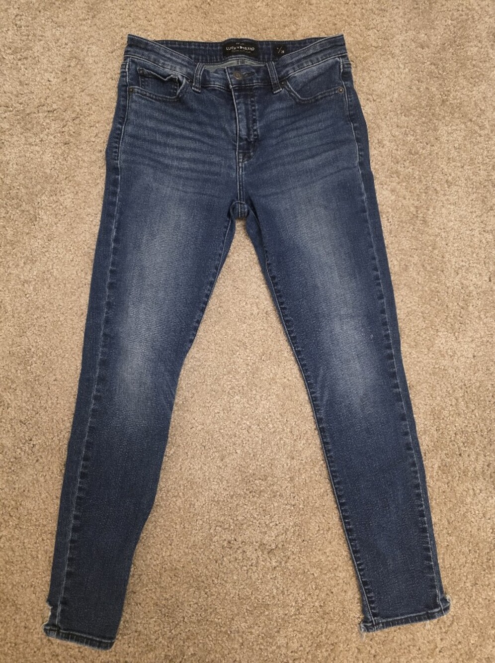 Lucky Brand Skinny Jeans Distressed Knees Raw Hem Dark Wash Sz 6/28